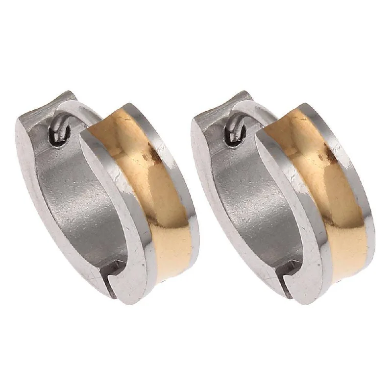 bold silver earrings for women -Two Tone Polished Stainless Steel Huggie Hoop Earrings - For Men or Women