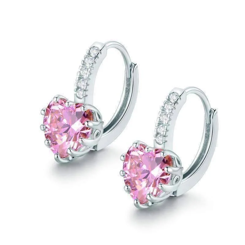 stud pearl earrings for women -Heart Shaped Blushing Pink Diamond CZ Solitaire Hoop Earrings For Woman