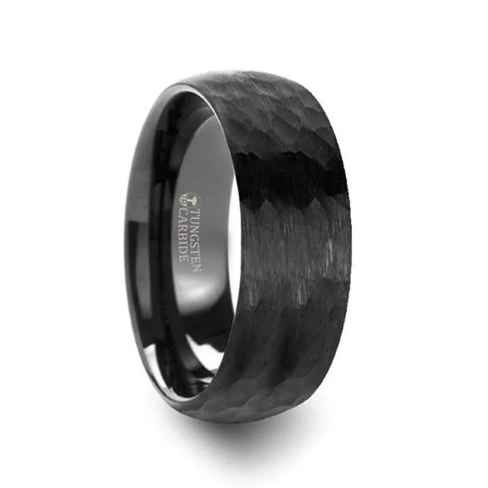 celestial necklaces for women -Thorsten RENEGADE Domed Hammer Finish Black Tungsten Carbide Wedding Band with Brushed Finish - 6mm or 8mm