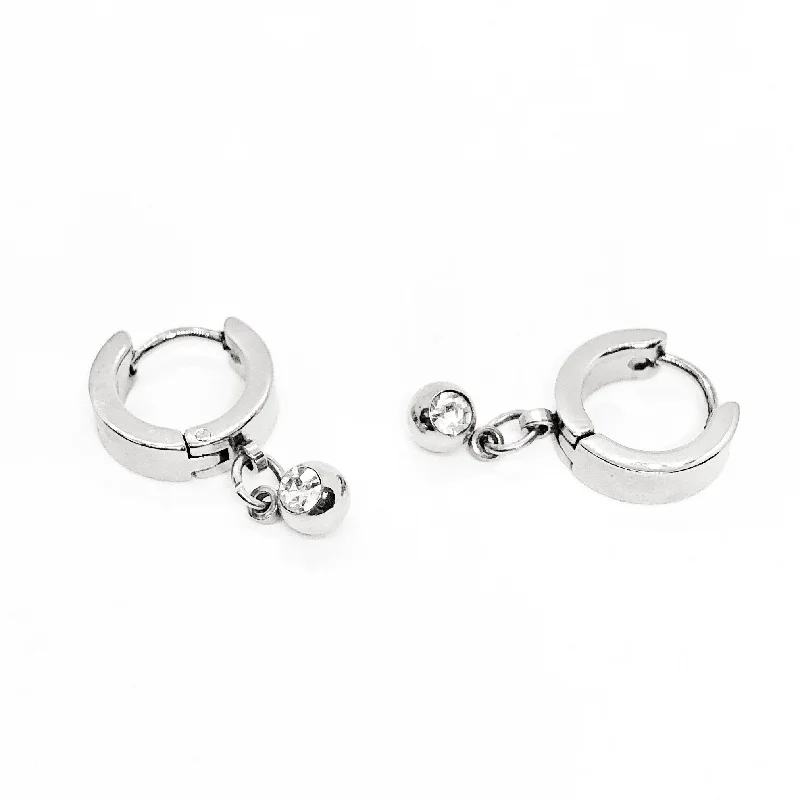 pearl earrings for women -Dangling CZ Bead Stainless Steel Huggie Hoop Earrings