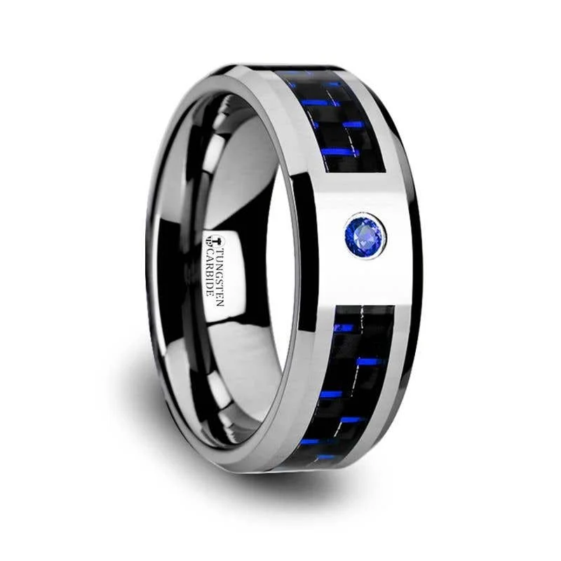 colorful necklaces for women -Thorsten NEPTUNE Tungsten Carbide Ring Black Blue Carbon Fiber Blue Sapphire Setting with Bevels - 8mm