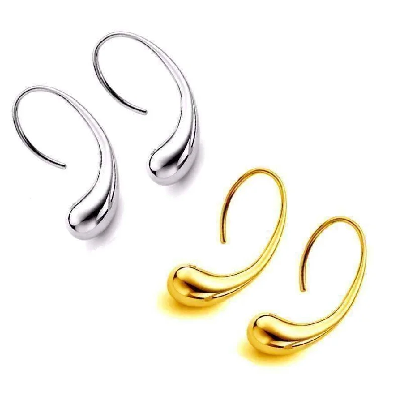 designer earrings for women -Chic Tear Drop Silver or Gold Hook Earrings for Woman Hers Modern Special Occasion Everyday Wear