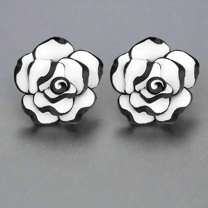 gemstone stud earrings for women -Black and White Rose Hand Crafted Clay Stud Earrings for Women 316 Steel Hypoallergenic