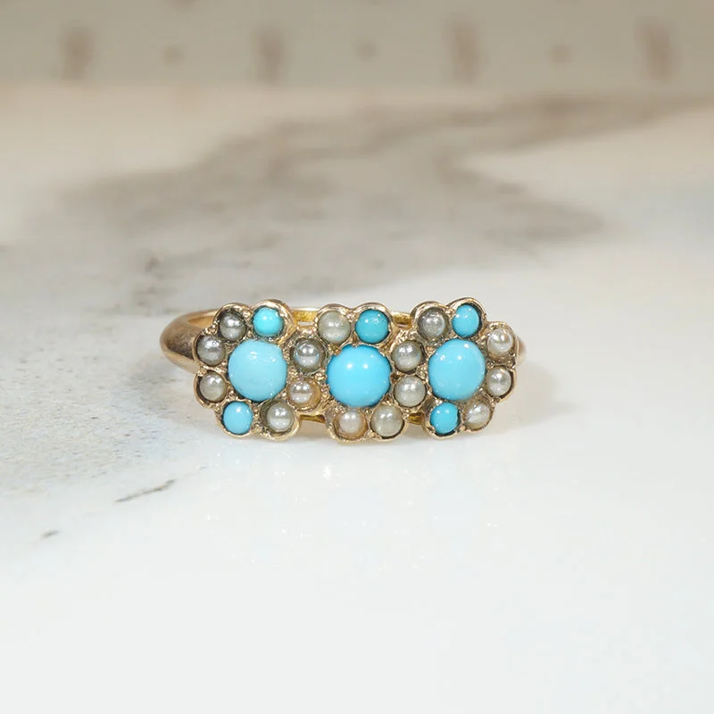 sapphire rings for women -Pretty Posy Turquoise & Pearl Edwardian Ring