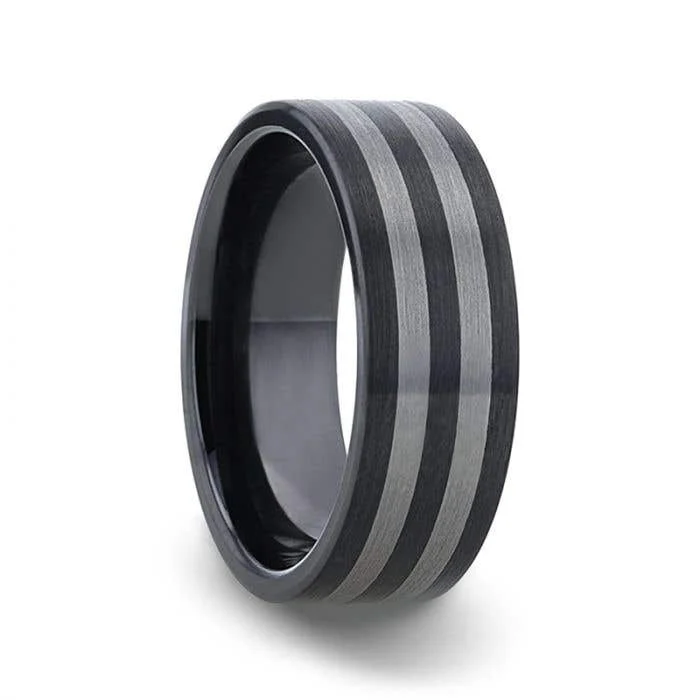 modern necklaces for women -Thorsten BETA Ceramic ring with Tungsten Inlay With Flat Brushed Edges - 8mm