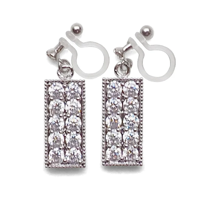 large statement earrings for women -Rectangular bar cubic zirconia invisible clip on earrings (silver tone)