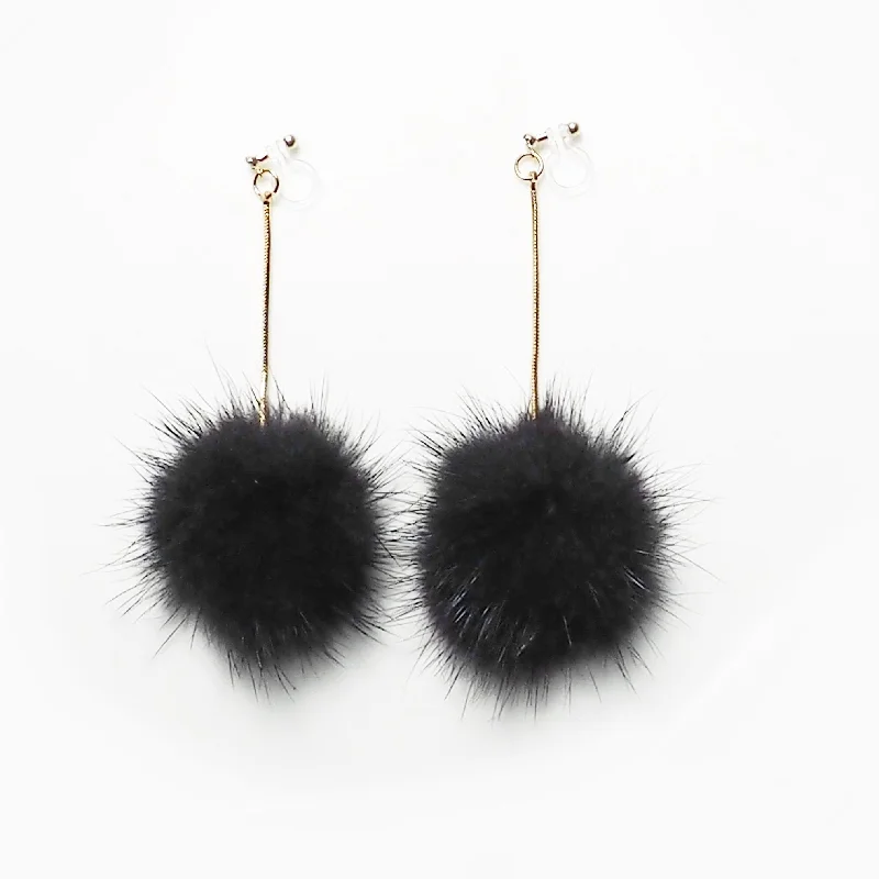 cute stud earrings for women -Black Mink Fur Pom Pom Invisible Clip On Earrings