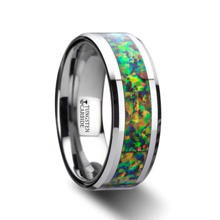 elegant charm necklaces for women -Thorsten ETHEREAL Tungsten Carbide Ring with Blue & Orange Opal Inlay - 8mm