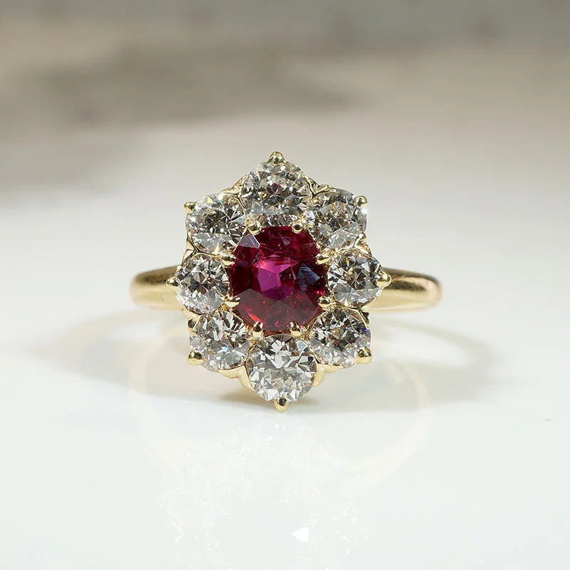 wedding bands for women -Smouldering Oval Ruby in Diamond Halo Ring