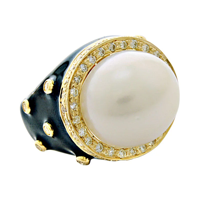 emerald rings for women -Ring-South Sea Pearl and Diamond (Enamel)