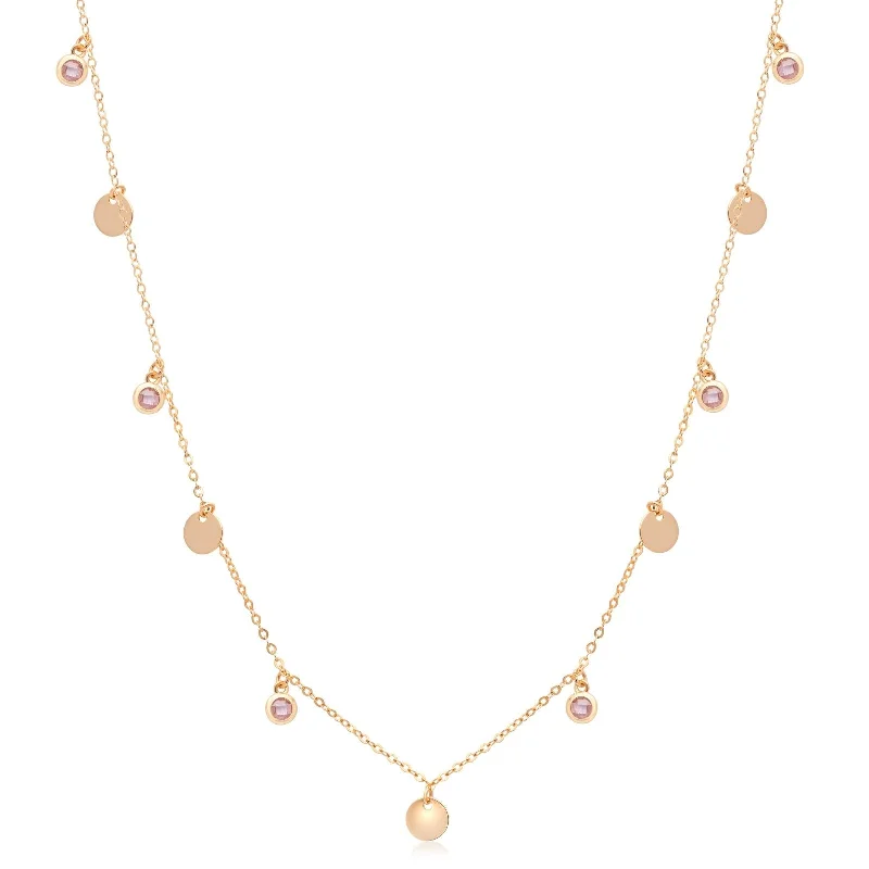 layered gold necklaces for women -Gold Disc and Pink Tourmaline Drop Station Necklace  Bezel