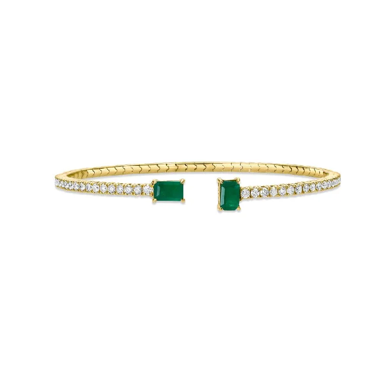 Flexible Open Diamond & Emerald Cut Emerald Bangle Bracelet  (2.30 ct.) in 14K Gold